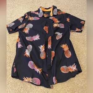 Mens Button Down Shirt Black and Orange Pineapple Design